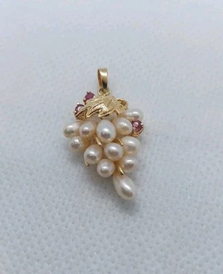 Beautiful 14K Yellow Gold, Rubies, & Pearls Grape Cluster Necklace Pendant - Image 1 of 4