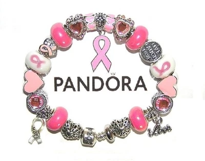 AUTÉNTICA Pulsera Pandora con Dijes Europeos, Cintas de Concienciación sobre el Cáncer de Mama Foto 1 de 4