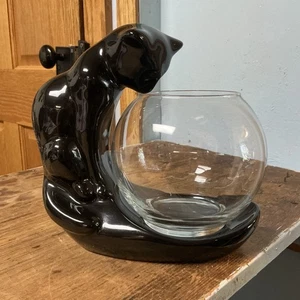 Royal Haeger Pottery- Black Cat Ceramic Sculpture W/ Glass Fish Bowl /Planter - Picture 1 of 9