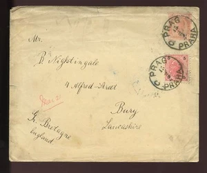 AUSTRIA 1895 STATIONERY ENVELOPE 5k + 5k UPRATING PRAGUE to LANCASHIRE GB - Picture 1 of 1