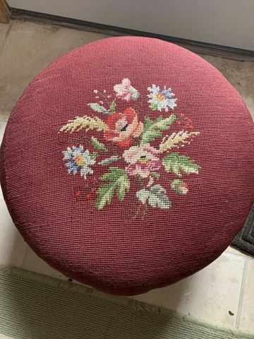 Vintage Needle Point Foot Stool Round 17" Top and 7.5" Tall Cover