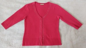 TU 100% Pure Cashmere Red Cardigan V Neck 3/4 Sleeve Beaded Knit Size 12 - Picture 1 of 7