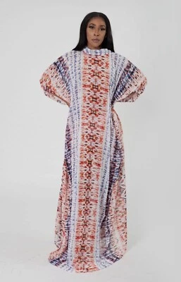 Vestido caftán tie-dye multicolor de gasa transparente con cuello falso Foto 1 de 3