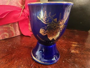 Norway Norwegian Cobalt Blue Shot Glass/Toothpick Holder w Gold Trim - Moose - Picture 1 of 4