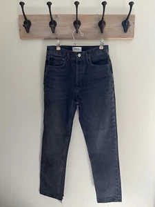 Agolde Riley Jeans 25 Black High Rise Straight Denim Button Fly Distressed Hem - Picture 1 of 11