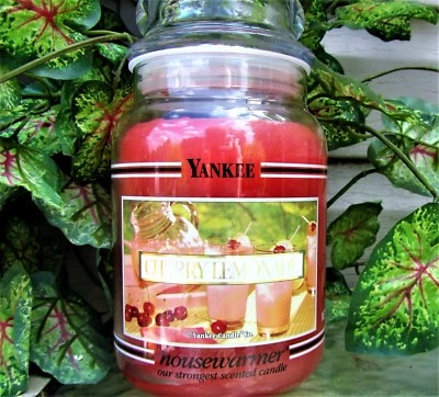 Yankee Candle Retired Black Band "CHERRY LEMONADE" Large 22 oz~WHITE LABEL~RARE - Image 1 of 3