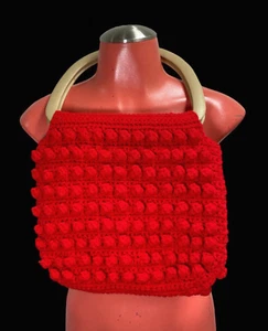 VTG 60's Lined Red knit Crochet handbag plastic handles Retro Mod-Go-Go - Picture 1 of 8