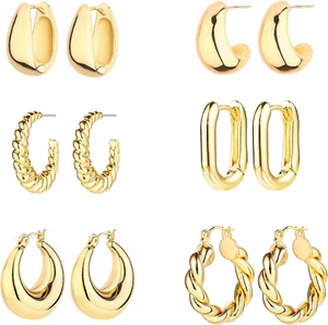14K Gold Hoop Earrings Set, 6 Pairs Chunky Huggie & Twisted Earrings for Women, - Picture 1 of 12
