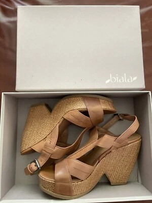 BIALA Sandals Women 10M Slingback Platform Wedge Heels Cognac Leather NEW IN BOX - Image 1 of 4