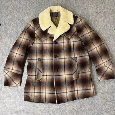 VTG 50s Pendleton Wool Coat Men’s XL Sherpa Collar Shadow Plaid Quilted Western  - Image 1 of 4