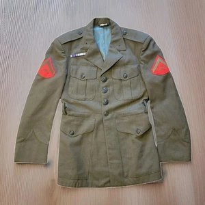 Abito vintage US Marine Serge verde giacca uniforme cappotto lana uomo 36XS senza cintura - Foto 1 di 16