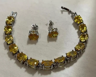 JTV Silver Plated Yellow Citrine Rhinestone Tennis Bracelet Pierced Earring Set - Image 1 of 4