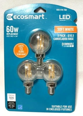 EcoSmart 60-W G16.5 Blanco Suave Regulable Vidrio Transparente Vintage Bombillas LED (Paquete de 3) Foto 1 de 3
