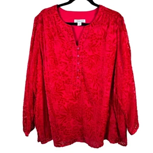 Coldwater Creek Velvet Burnout Popover Blouse Womens 2X Red Floral Sheer Sleeves - Picture 1 of 12