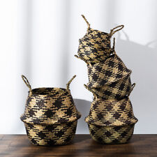 Folding Straw Basket Handmade Woven Storage Flower Plants Pots Holder Home Decor