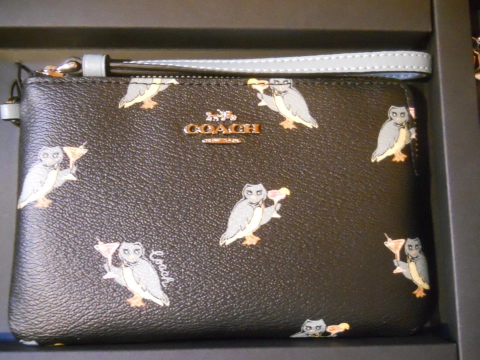 Coach F80302 Gift Boxed Owl Print Corner Zip Wristlet With 2 Charms