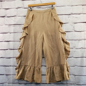 ENDLESS ROSE Pants Womens Medium Rear Zip Ruffles Wide-Leg Bell Bottom Tan NWT - Picture 1 of 14