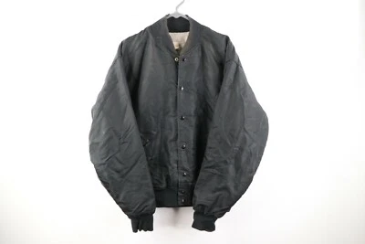 Vtg 70s Felco Mens XL Distressed Sherpa Fleece Lined Satin Bomber Jacket Black - Image 1 of 4