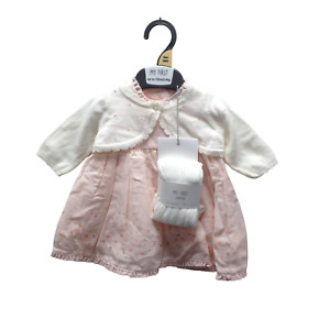Mothercare New Baby 3 Piece Dress Set Dress Bolero & Tights Pink & White New Tag