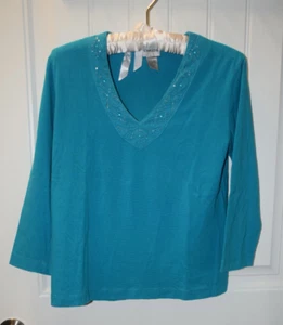 Chico's Womens Beaded V-Neck Top 3/4 Sleeves - Turquoise - Size 0 - Picture 1 of 5