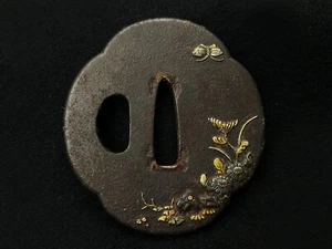 Japanisches antikes Samurai TSUBA Katana Schwert Griff Gold Inlay (e144)6/ウケ - Bild 1 von 10