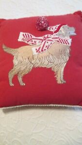 Christmas Pillow Golden Retriever Dog Embroidery Knit Red Cover & Insert Pom Pom