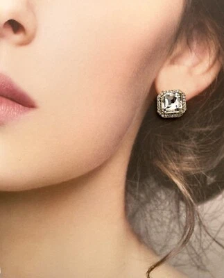 Brincos vintage de cristal transparente J.CREW tom dourado quadrado pavê - Imagem 1 de 4