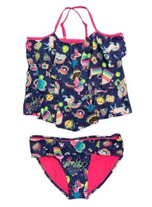 Justice Girls Tankini Swimsuit 2 Piece Blue 16 Plus Colorful Fun Graphics Lined - Picture 1 of 16