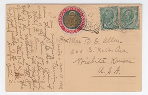 PENSION INTERNATIONALE VENICE ITALY 1909 POSTER STAMP TIED ON CARD TO USA - Picture 1 of 2