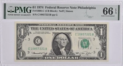 PMG Gem Unc 66 EPQ $1 1974 Philadelphia, PA US FRN Fr#1908-C *6859 - Image 1 of 3