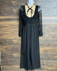 Tuta elegante gotica donna pantaloni neri maniche trasparenti finto cravatta collo taglia 3 - Foto 1 di 22