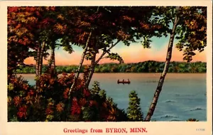 Greetings From Byron Minnesota Lake View With Canoe Linen Postcard - Picture 1 of 2