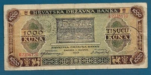 1000 Kuna 1943. Croatian banknotes NDH Ustasa WWII Germany Italy, military stamp - Picture 1 of 2