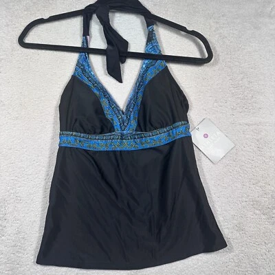 NWT Athleta Tankini Swim Top Halter Built-In Bra Shelf Bra Black Blue 32 B/C - Image 1 of 4