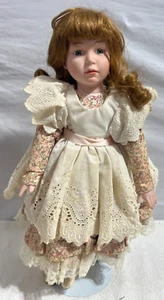 Dynasty Porcelain Doll Stand Girl Pink Dress Lace Apron Red Curly Hair Vtg 16" - Picture 1 of 8