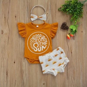 Newborn Infant Baby Girl Summer Clothes Ruffle Sleeve Romper+Short+Headband Set - Picture 1 of 10