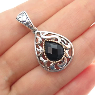EFFY 925 Sterling Silver 18K Gold Real Black Spinel Teardrop Charm Pendant - Image 1 of 4