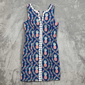 Crown & Ivy Women’s Size 8 Blue Pineapple Print Sleeveless Sheath Dress Lace Tri - Picture 1 of 8