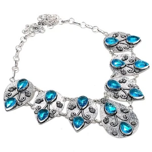 London Blue Topaz Gemstone Necklace Antique Adjustable Chain Vintage Jewelry 18" - Picture 1 of 9