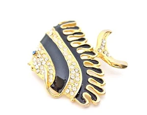 Vintage Black Enamel Crystal Rhinestone Gold Tone Big Fish Brooch Pin ParkLane  - Imagen 1 de 3