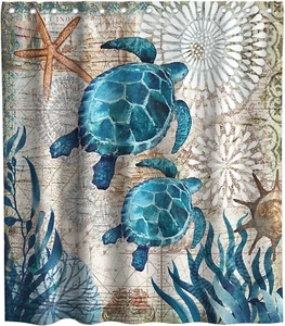Final Friday Nautical Green Sea Turtles Beach Theme Fabric Shower Curtain Sets - Picture 1 of 12