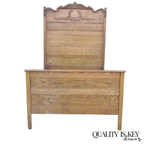 Antique Eastlake Victorian Oak Wood Tall Headboard Full Size Bed Frame - Picture 1 of 10