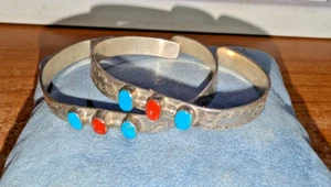 Vintage W Long Navajo Silver turquoise and coral bracelet PAIR - Picture 1 of 8
