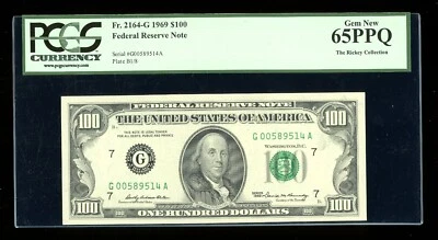 DBR 1969 $100 FRN Chicago Fr. 2164-G Gem PCGS 65 PPQ Serial G00589514A - Image 1 of 2