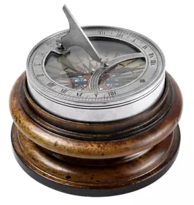 Brújula Reloj de Sol Plegable Plateado 4.25" Madera Caoba Soporte Réplica Decoración Náutica - Imagen 1 de 1