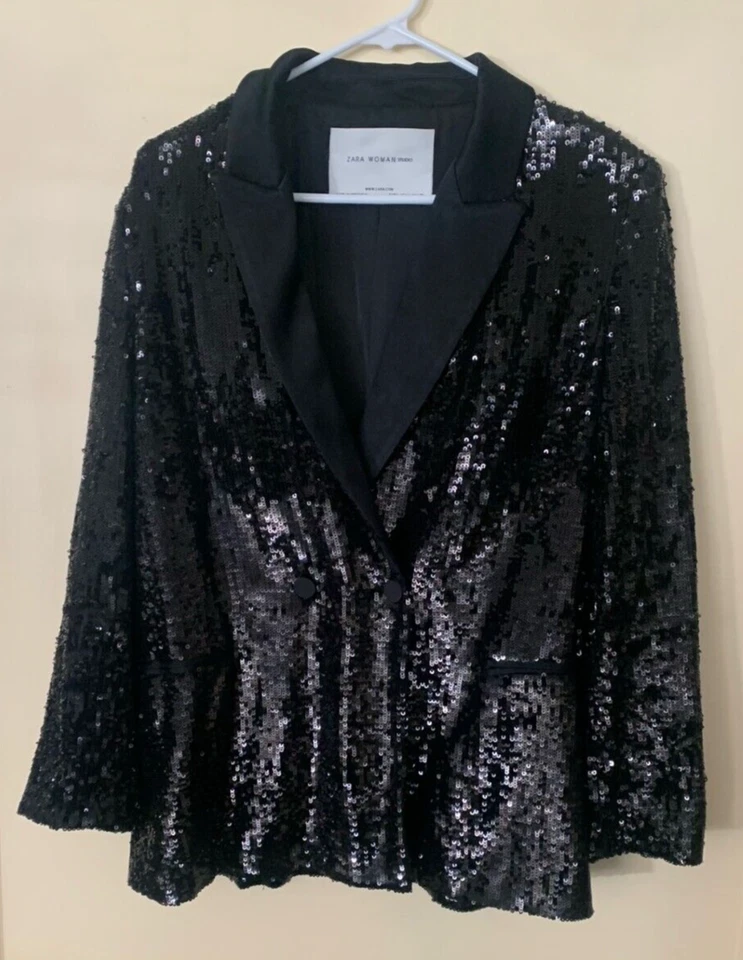 ZARA WOMEN'S STUDIO BLACK SEQUIN BLAZER LAPEL COLLAR SIZE LARGE - Image 1 of 4