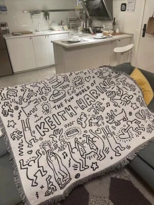 Keith Harring Graffiti Black and White Woven Tapestry Blanket Throws LGBTQ Decor - Image 1 of 4