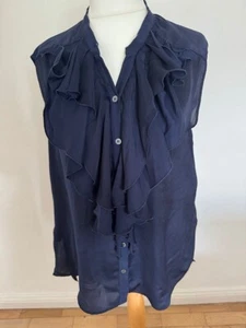 High Everyday couture navy sleeveless ruffle front collarless top blouse UK14 - Picture 1 of 8