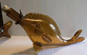 Vintage Amber Crackle Glass Italian Fish Green Eyes Wine Decanter Bottle 17" MCM - Picture 1 of 12