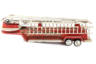 Vintage Nylint Fire Dept Pressed Steel Aerial Ladder Truck Toy Red White Trailer - Image 1 of 4